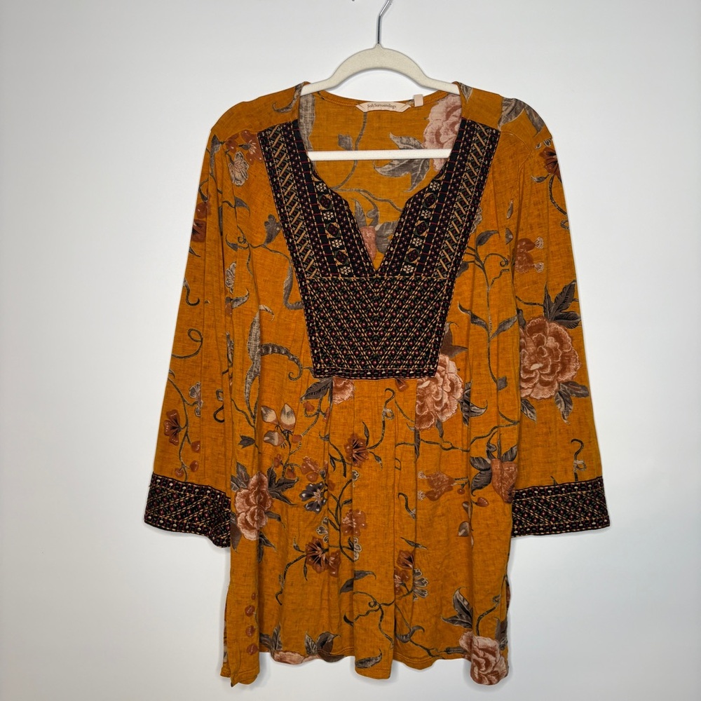 Soft Surroundings Etana Embroidered Tunic Size 1X Floral Print Boho Vibes
